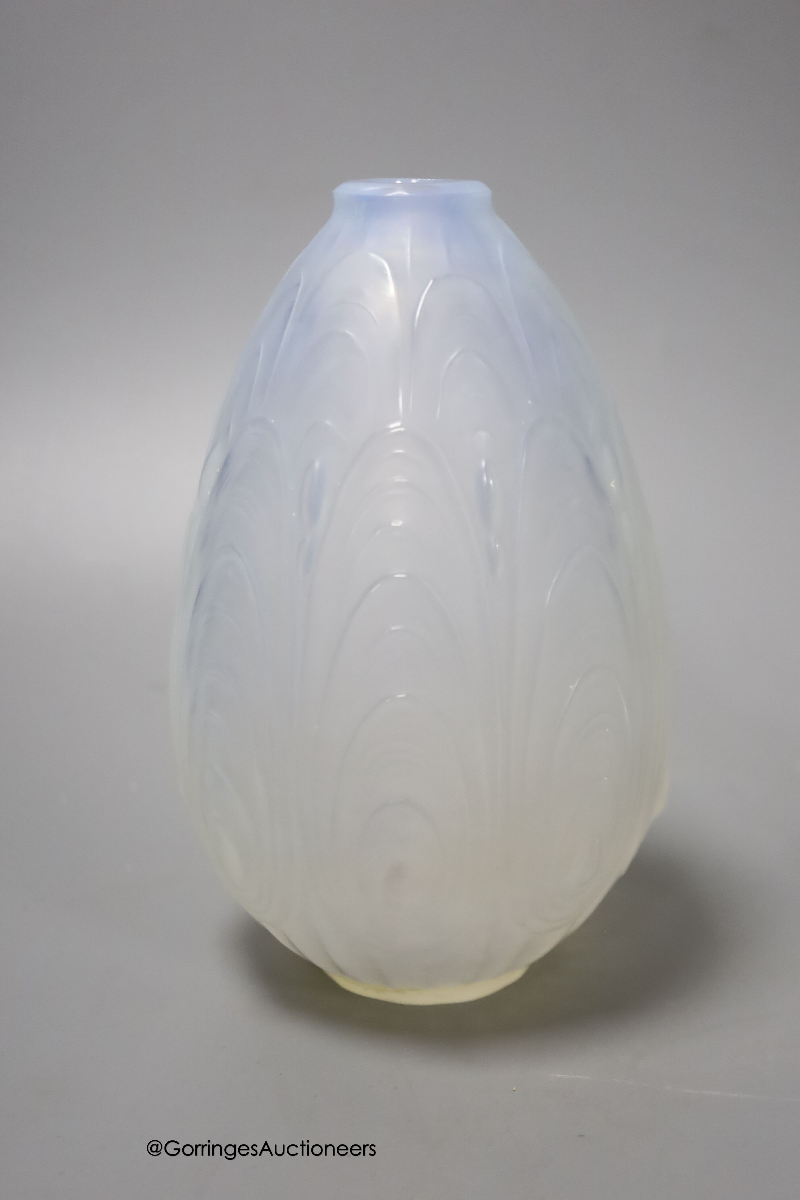 A Sabino opaline glass ashtray, 16cm, a similar Sabino moulded posy vase, one other French posy vase and a small French frosted glass kneeling female model